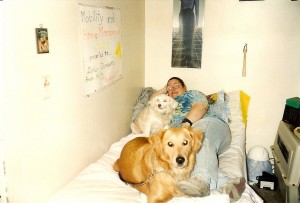 Crowede Bed, 1995 Me with Wuss Dog and Sippi on the twin bed in my tiny apartment in North Augusta, SC.