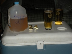 '24' Redneck Style, March 9, 2009 Gallon jug of Mic Ultra sits atop '24' coller with two tall full beer pilsners.
