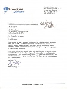 20090317 Certified Letter from Freedom Scientific Image of Certified Letter dated March 17, 2009 received by William James on March 19, 2009