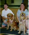Wil and Max on left with Denise and Titan on right at Leader Dogs for the Blind July 17, 2004.  Max and Titan meet for the first time.